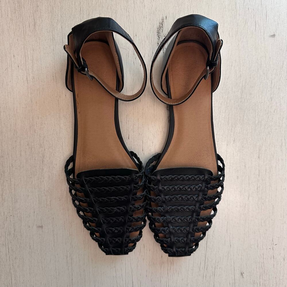 Crown Vintage Black 9.5B Moneth D'Orsay Sandals Huarache Handwoven Buckle Ankle - Picture 2 of 8